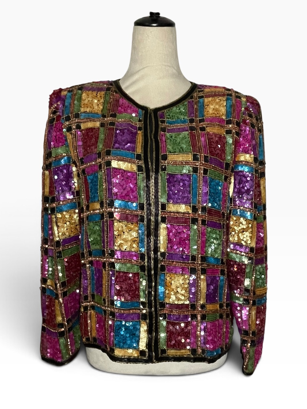 Vintage Laurence Kazar New York 100% Silk Beaded Plaid Sequin Jacket